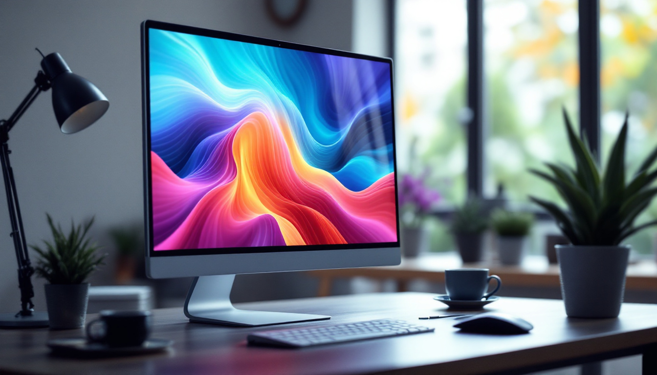 A photograph of a sleek 15-inch lcd computer monitor displaying vibrant colors and sharp images