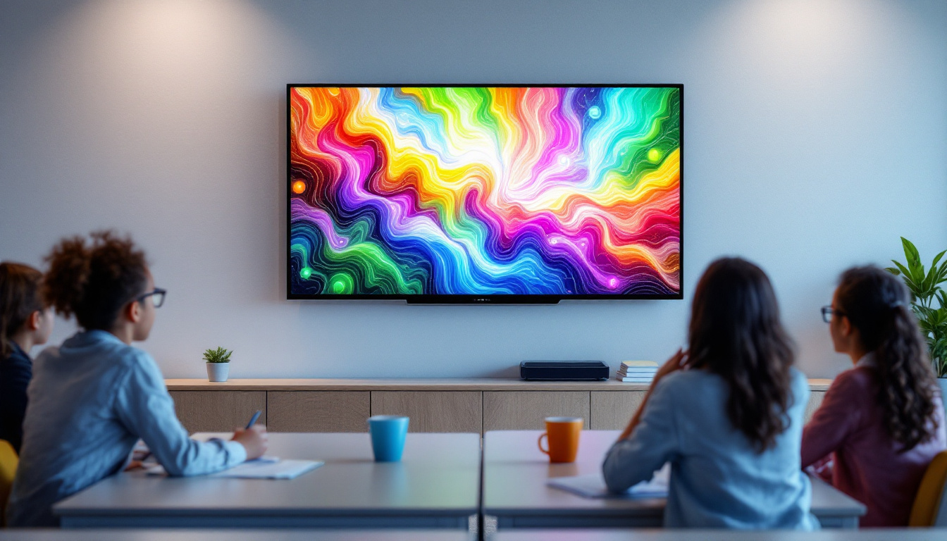 A photograph of a modern classroom setting featuring a smart touch screen tv prominently displayed on the wall