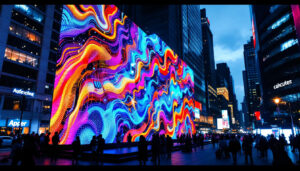 A photograph of a vibrant led display in an urban setting