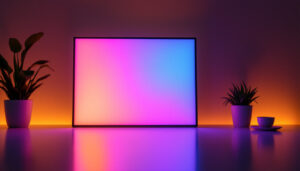 A photograph of a sleek 12x12 led panel illuminated in a modern setting