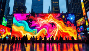 A photograph of capture a photograph of a vibrant led display in a bustling urban setting