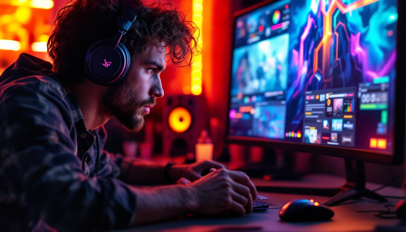A photograph of a gamer intensely focused on a vibrant touch screen monitor