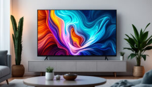 A photograph of a sleek 15-inch flat panel led tv displaying vibrant colors and sharp images