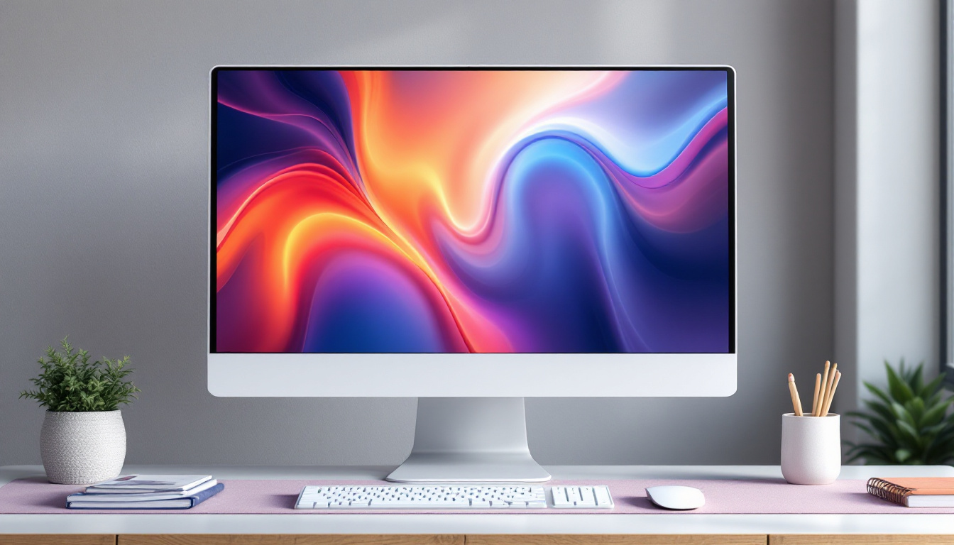 A photograph of a sleek white 24-inch led monitor displaying vibrant colors and sharp images