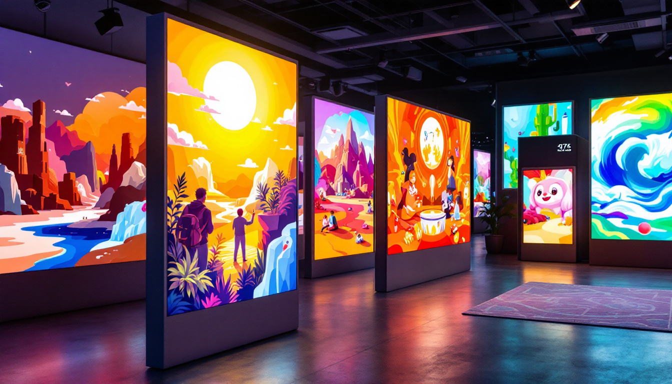 A photograph of a vibrant art display featuring various artworks showcased on portable led display panels in an engaging setting