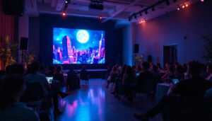A photograph of capture a photograph of a vibrant led display set up in a modern event space