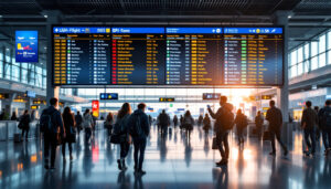A photograph of a vibrant led flight information display board in an airport setting