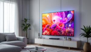A photograph of capture a photograph of a sleek 50-inch led touch screen tv displaying vibrant