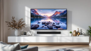 A photograph of a stylish wall-mounted media cabinet featuring a sleek led display