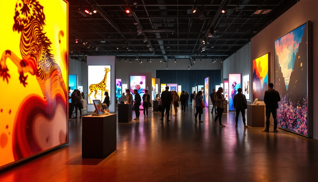 A photograph of a well-lit exhibition space showcasing various used art show display panels