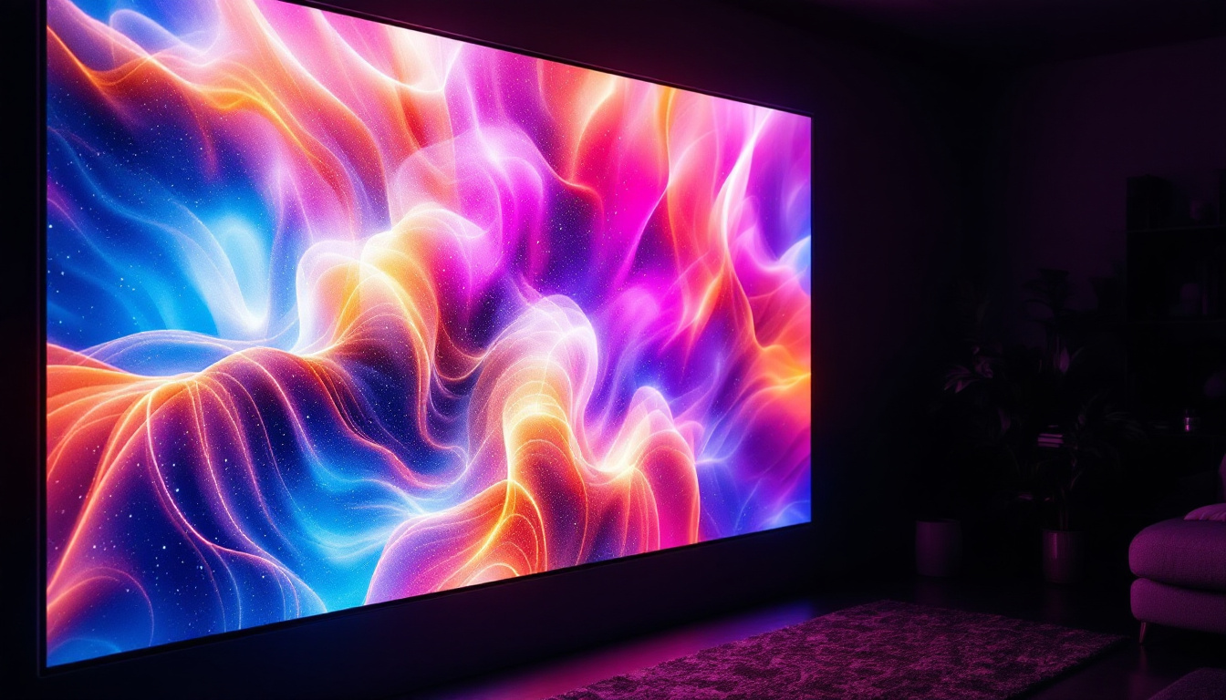 A photograph of a vibrant led display showcasing a high-resolution image projected onto a sleek