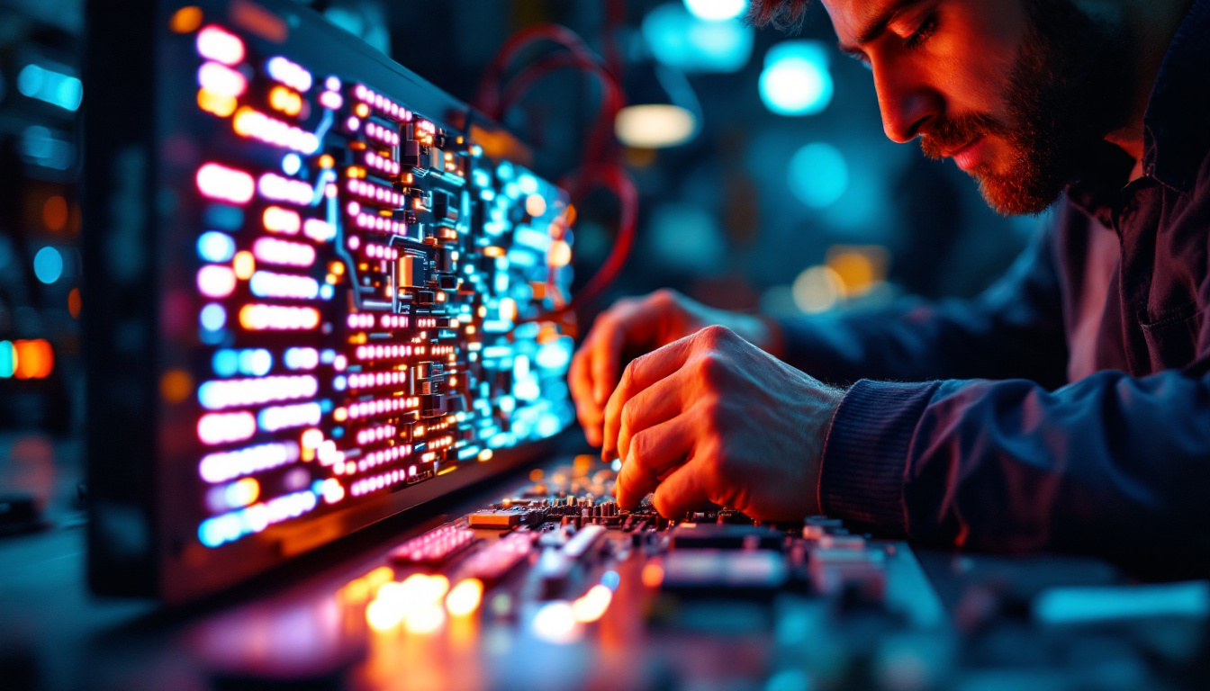 A photograph of a technician expertly repairing an led display