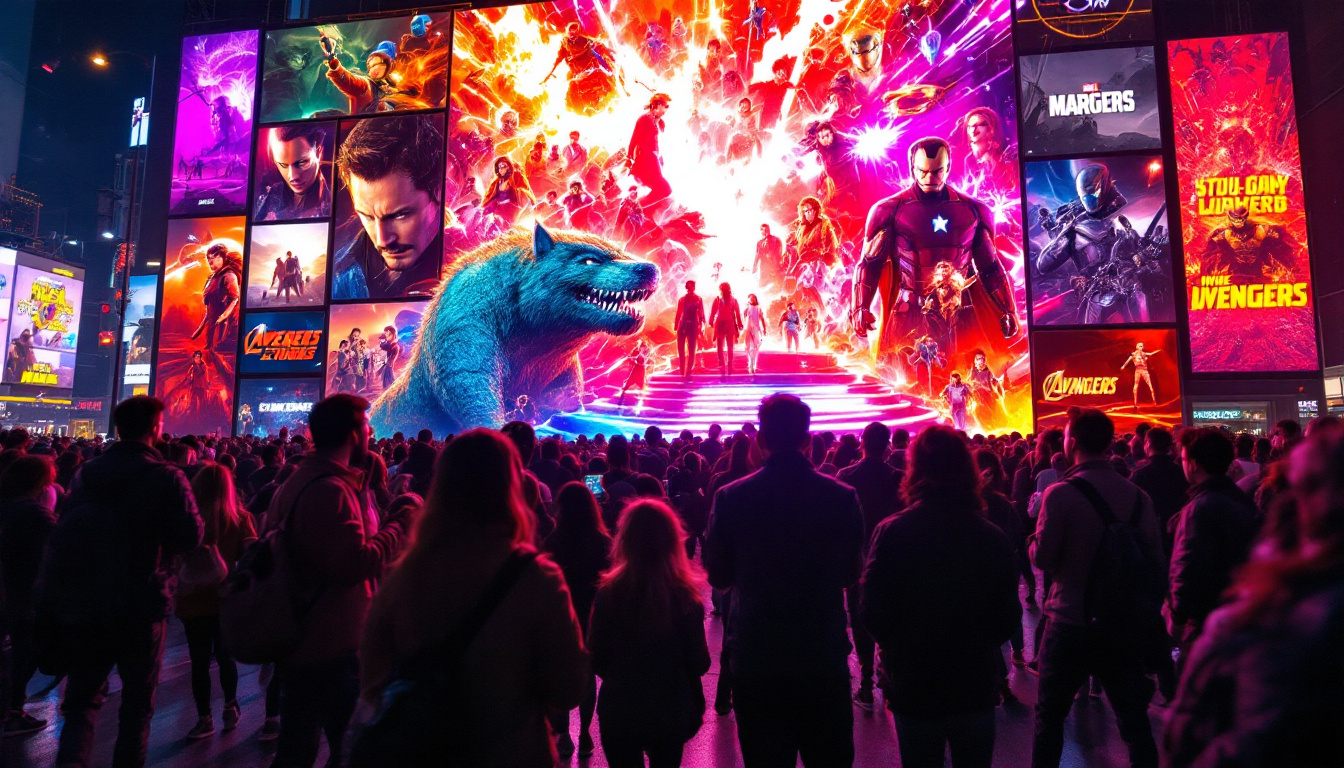 A photograph of capture a photograph of a vibrant led display showcasing iconic scenes or characters from the largest movie franchises