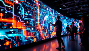 A photograph of a vibrant and engaging interactive wall display in a modern setting