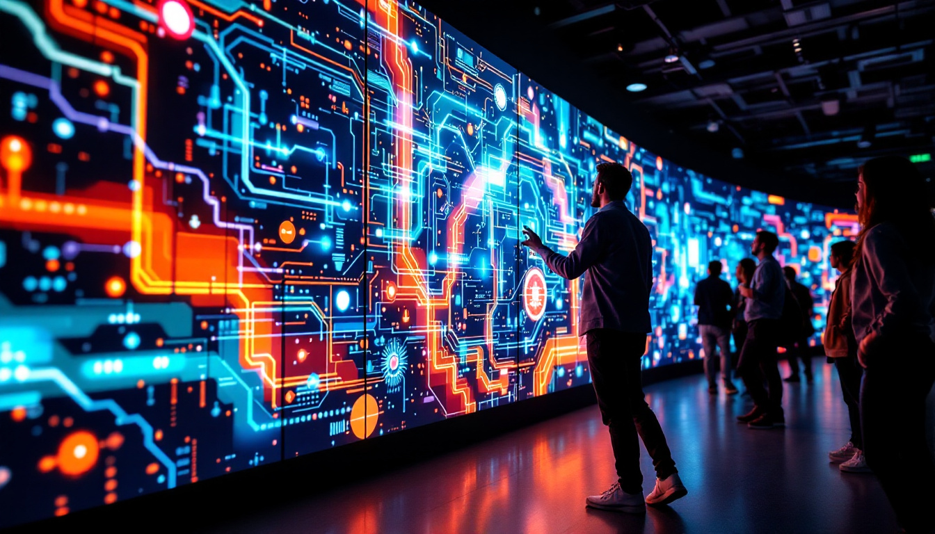 A photograph of a vibrant and engaging interactive wall display in a modern setting