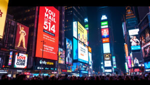 A photograph of capture a photograph of a vibrant times square scene at night