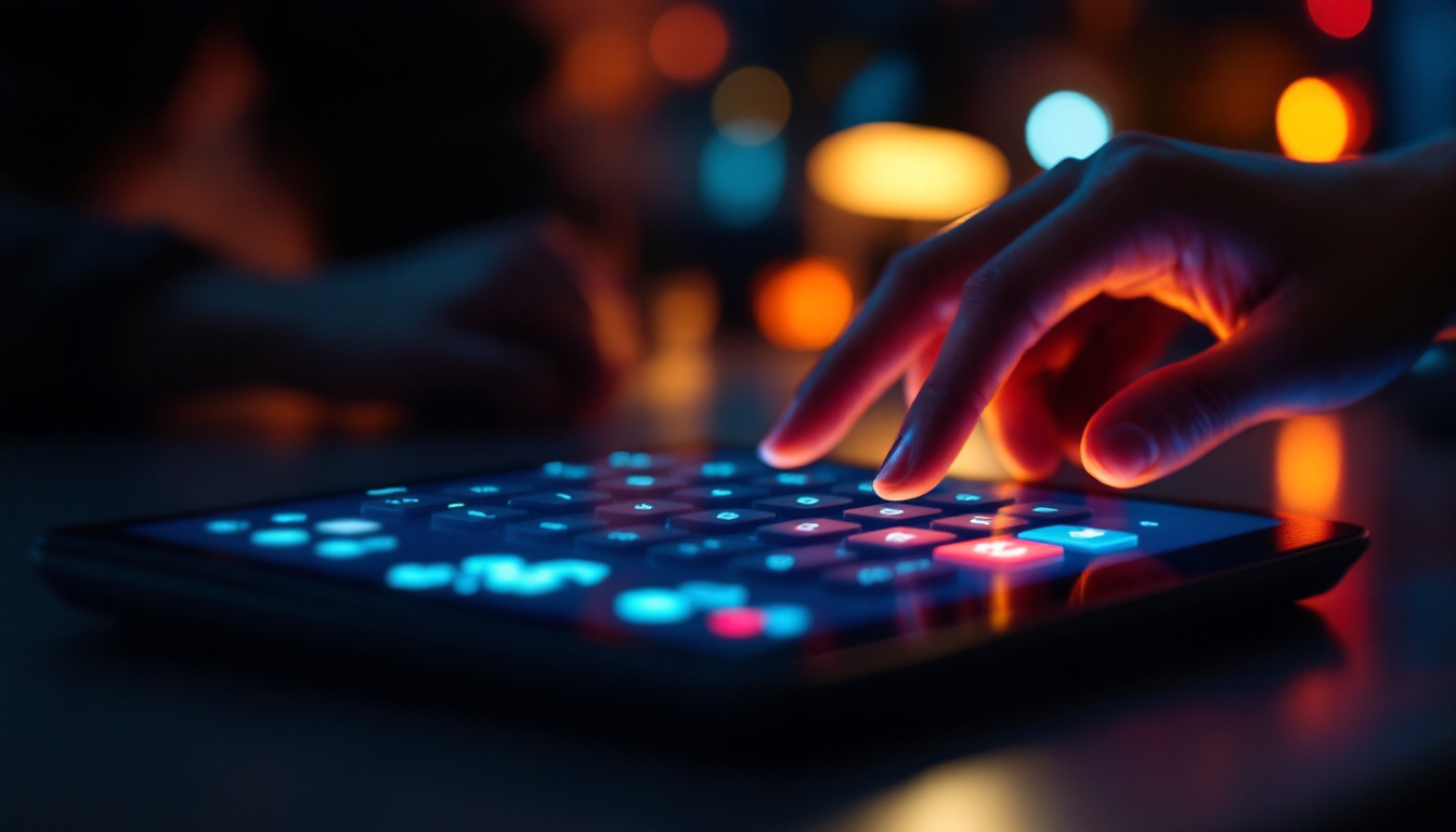 A photograph of capture a photograph of a sleek touch screen calculator with a vibrant led display