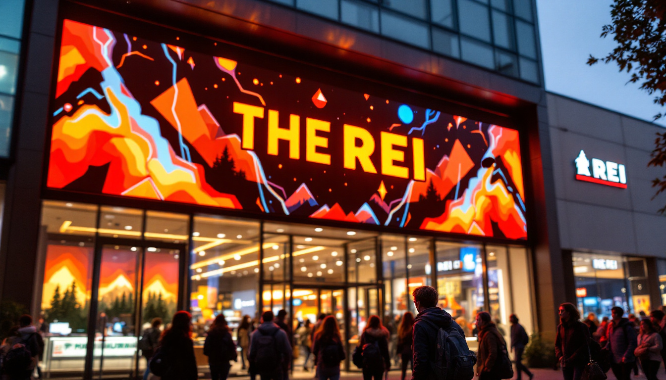A photograph of capture a photograph of the vibrant led display at the rei outlet store in portland