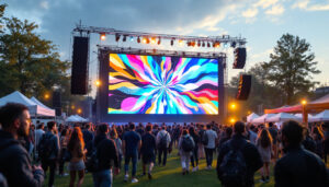A photograph of a vibrant outdoor event featuring a large led display