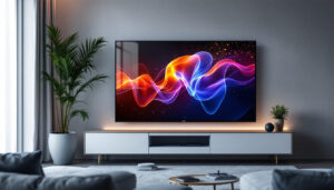 A photograph of a sleek touchscreen tv monitor displaying vibrant led visuals in a modern living room setting