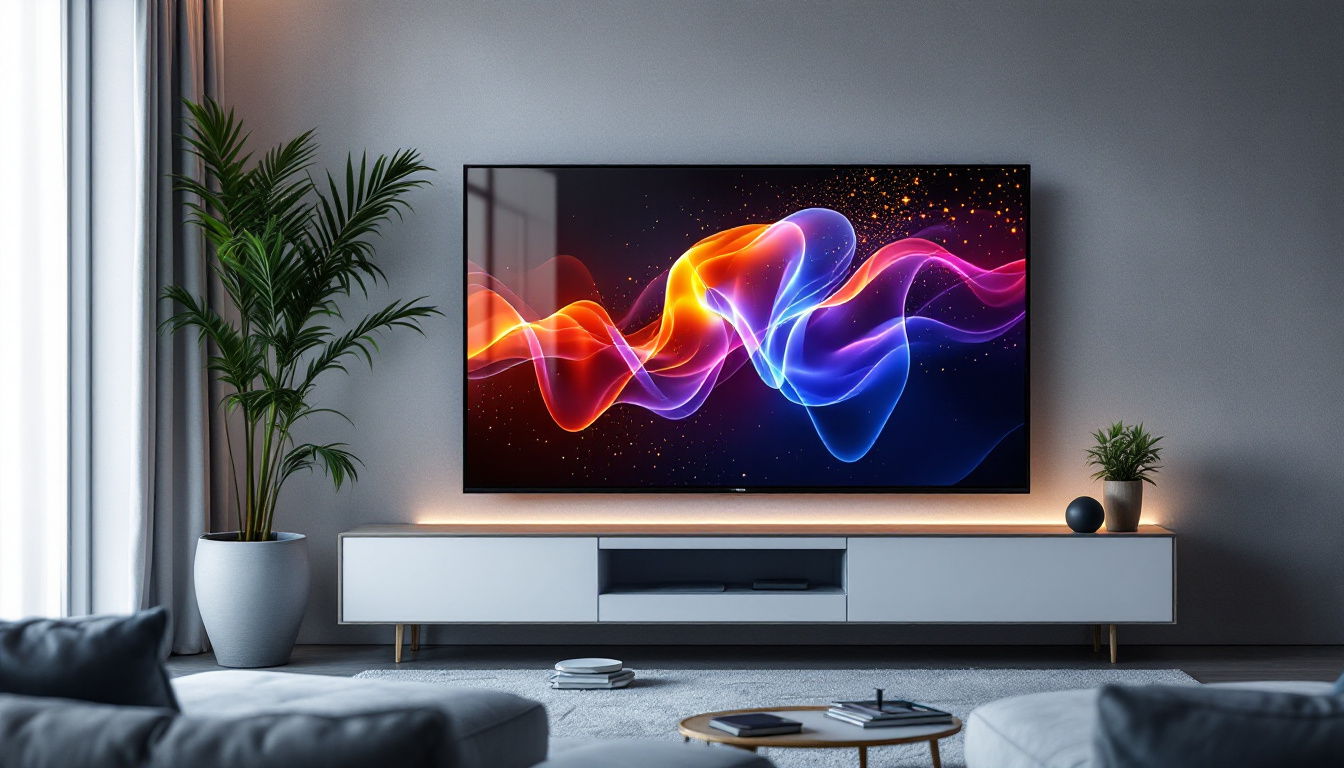 A photograph of a sleek touchscreen tv monitor displaying vibrant led visuals in a modern living room setting
