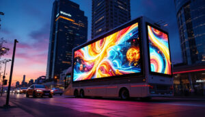 A photograph of a vibrant mobile billboard with an led display in action