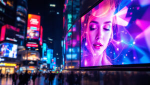A photograph of a vibrant led display board in a bustling urban environment