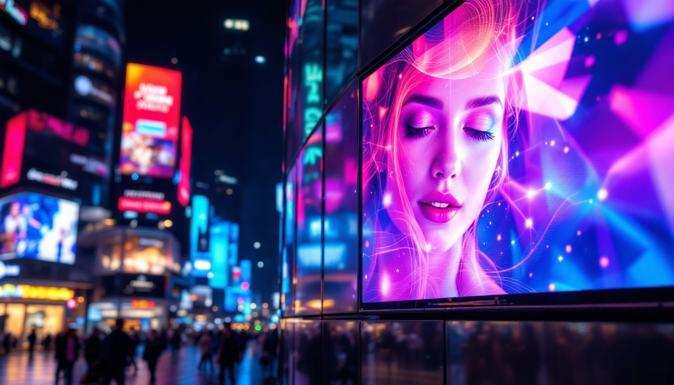 A photograph of a vibrant led display board in a bustling urban environment