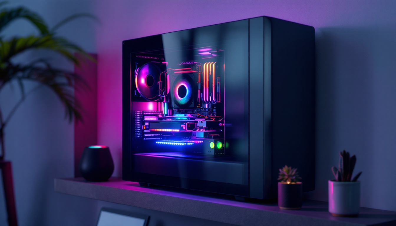 A photograph of a sleek wall-mounted computer case featuring an illuminated led display
