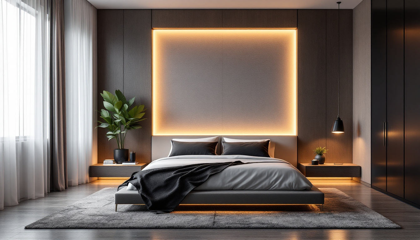 A photograph of a stylish bedroom featuring modern wall paneling