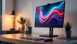 A photograph of a sleek monitor stand featuring an led display
