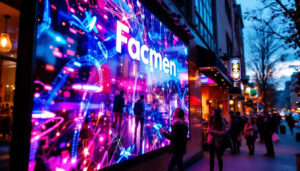 A photograph of capture a photograph of a vibrant led display in a lively beaverton setting