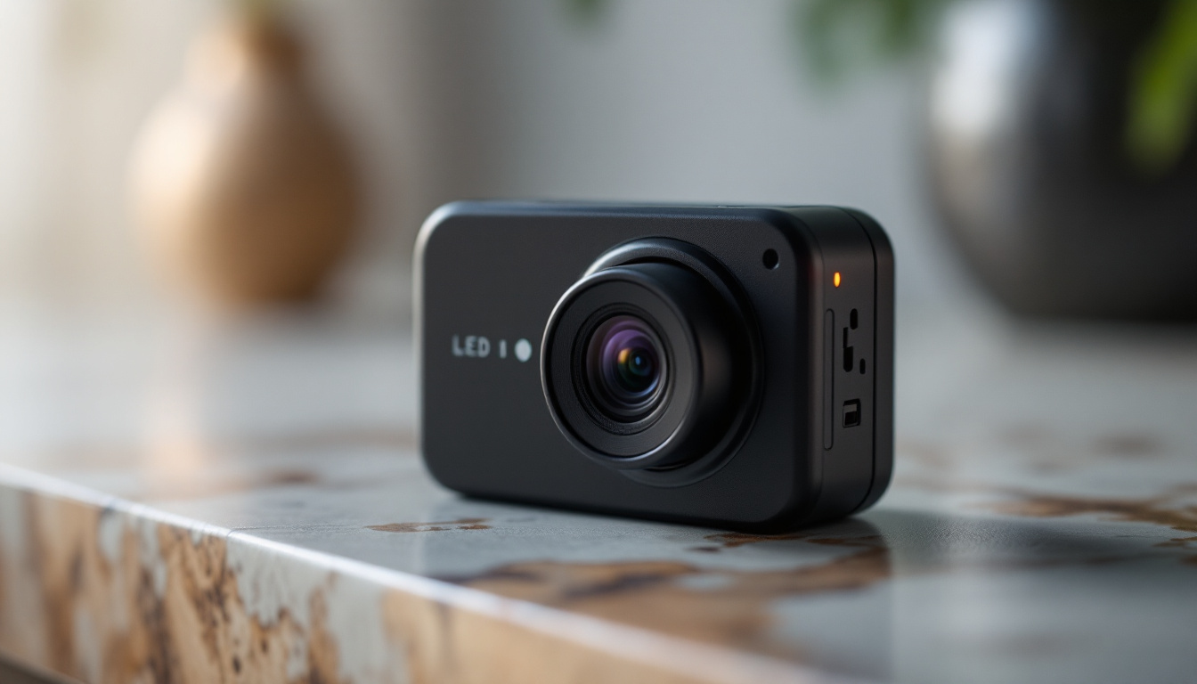 A photograph of capture a photograph of a compact micro hd video camera with audio features prominently displayed on a stylish surface