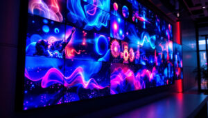 A photograph of a vibrant video wall showcasing various dynamic led displays in a modern setting