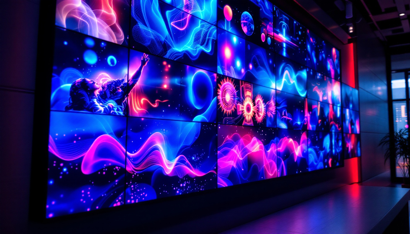 A photograph of a vibrant video wall showcasing various dynamic led displays in a modern setting