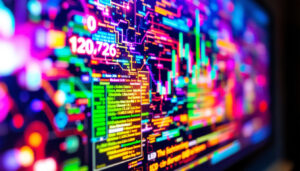 A photograph of a close-up shot of a vibrant led monitor displaying colorful graphics