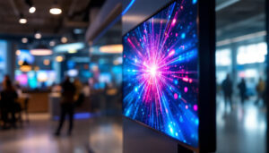 A photograph of a large lcd display showcasing vibrant led visuals in a dynamic environment