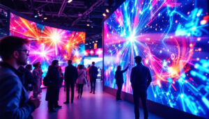 A photograph of a vibrant exhibition panel featuring an led display in action