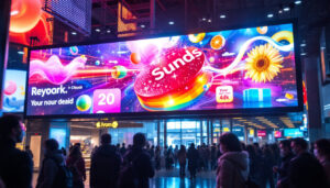 A photograph of a vibrant led display in a busy public space