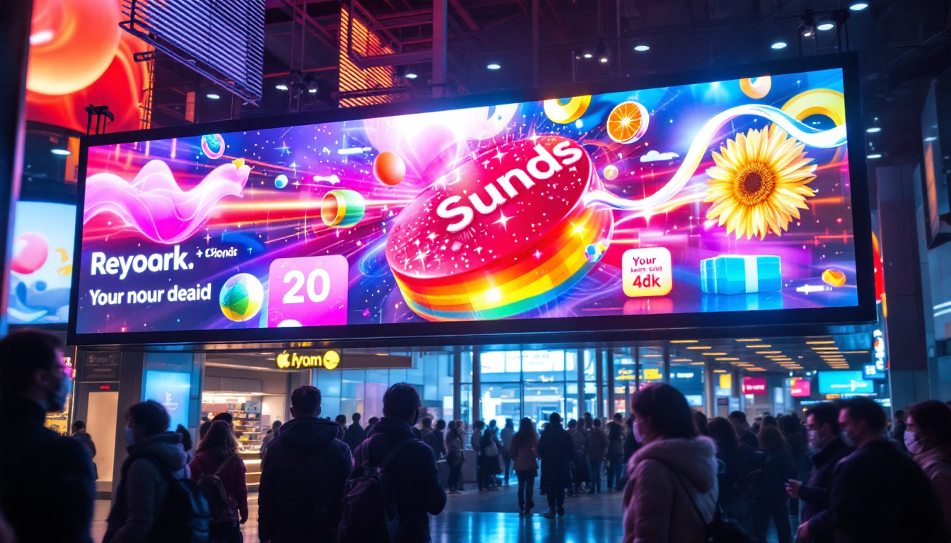 A photograph of a vibrant led display in a busy public space