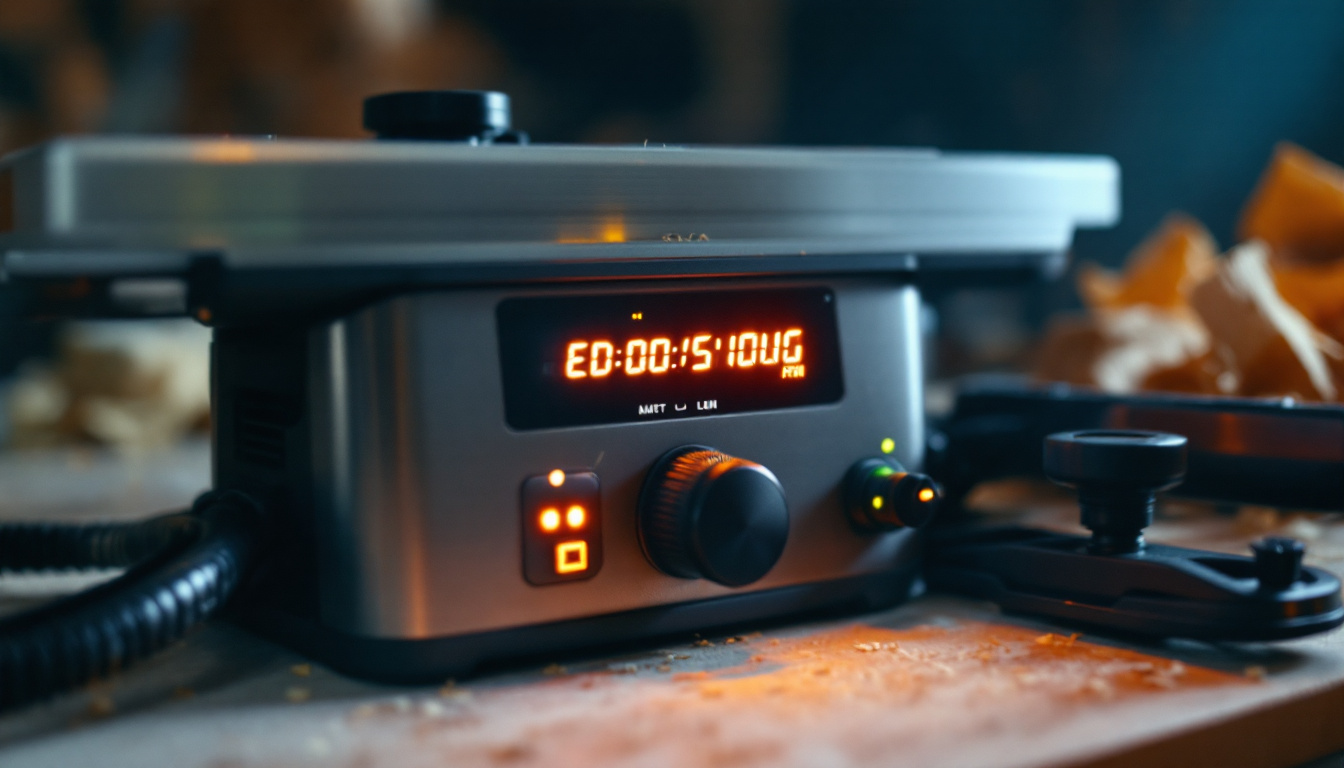 A photograph of a close-up shot of a tabletop planer with a clear view of its led display in action