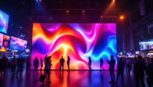 A photograph of a vibrant led display in a dynamic environment
