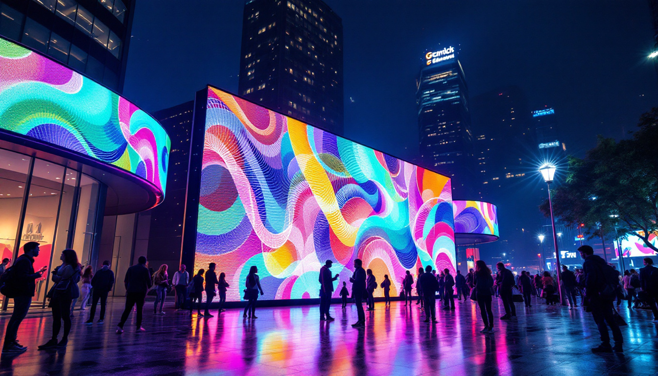 A photograph of a vibrant led display in an urban setting at night