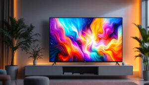 A photograph of a sleek 32-inch lcd tv displaying vibrant colors and dynamic visuals in a modern living room setting