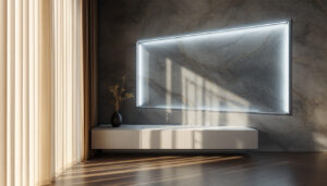 A photograph of a stylish interior featuring a modern wallpaper design that seamlessly integrates with a sleek led display in the inside corner of the room
