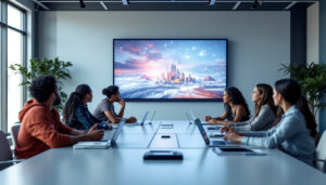 A photograph of a modern conference room featuring a large led display
