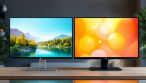 A photograph of a side-by-side comparison of an lcd display and a touch screen led display