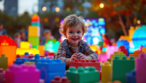 A photograph of a vibrant outdoor scene featuring a child or group of children joyfully playing with colorful jumbo building blocks