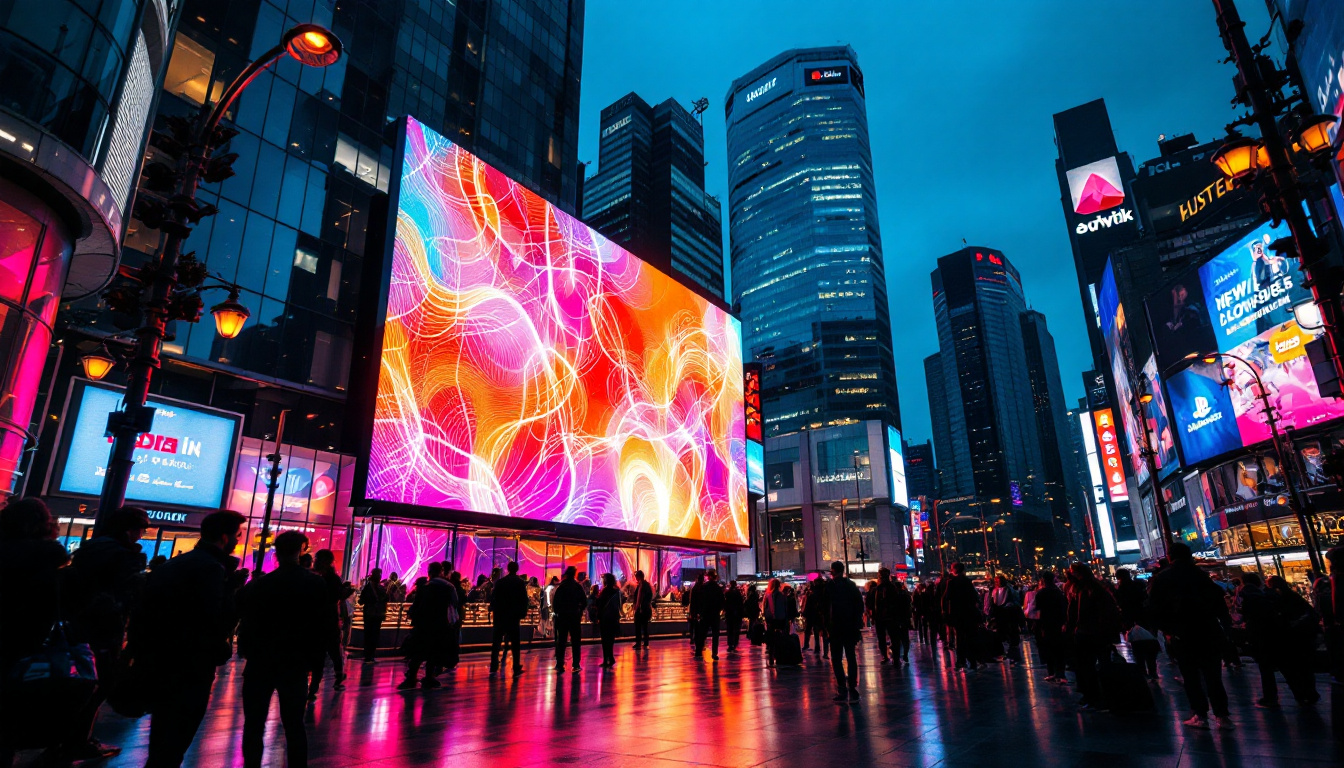 A photograph of a vibrant led display in a dynamic urban setting
