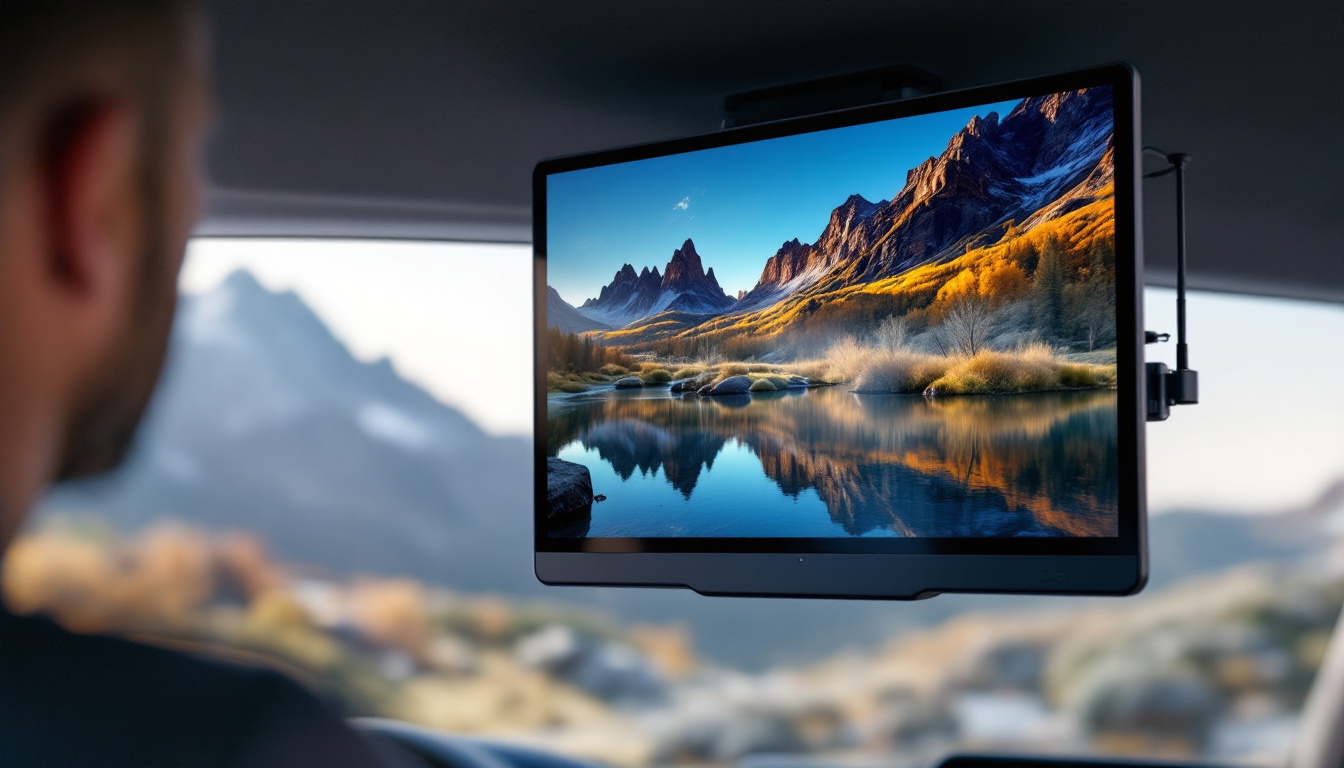 A photograph of a portable tv screen mounted in a car